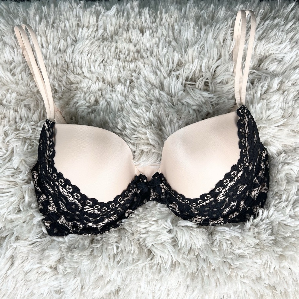 VICTORIAS SECRET Lined Demi Bra Size 32DD Pink Black Romantic‎ Sexy #36007682
